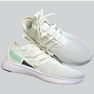 Puma White Mesh Sports Sneakers with Mint-Black Accents Size: 7.5